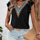 Blusa Con Cuello En V, Dobladillo Empalmado Con Ribete De Volantes Y Pliegues