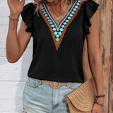 Blusa Con Cuello En V, Dobladillo Empalmado Con Ribete De Volantes Y Pliegues