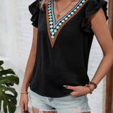 Blusa Con Cuello En V, Dobladillo Empalmado Con Ribete De Volantes Y Pliegues