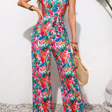 VCAY Summer Women'S Floral Printed Sleeveless Halter Jumpsuit