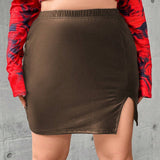 EZwear Plus Size Solid Color Split Hem Skirt