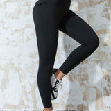 Leggings Deportivos Lisos De Cintura Alta, Elasticos, Con Bolsillo Inclinado, Detalle De Costura, Decoracion De Solapa, Entrenamiento, Yoga, Pantalones Ajustados, Pantalones Informales De Oficina