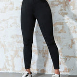 Leggings Deportivos Lisos De Cintura Alta, Elasticos, Con Bolsillo Inclinado, Detalle De Costura, Decoracion De Solapa, Entrenamiento, Yoga, Pantalones Ajustados, Pantalones Informales De Oficina