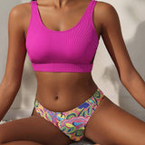 Bikini Para Mujer Con Parte Superior De Un Solo Color Y Parte Inferior Impresa Completa