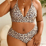 Swim Curve Conjunto de bikini con estampado de leopardo y tiras cruzadas en la espalda de talla grande para mujer, Carnaval