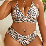 Swim Curve Conjunto de bikini con estampado de leopardo y tiras cruzadas en la espalda de talla grande para mujer, Carnaval