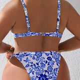 Swim Curve Conjunto De Traje De Bano De Talla Grande Con Estampado Floral Y Sujetador Con Aro Para Carnaval