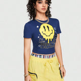 ROMWE Street Life Camiseta Corta Con Estampado De Emoji Y Eslogan Para Mujer