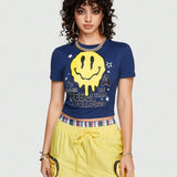 ROMWE Street Life Camiseta Corta Con Estampado De Emoji Y Eslogan Para Mujer