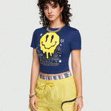 ROMWE Street Life Camiseta Corta Con Estampado De Emoji Y Eslogan Para Mujer