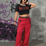 ROMWE Grunge Punk Plus Size Contrast Color Letter & Embossed Print Round Neck T-Shirt