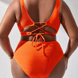 Swim Curve Conjunto de bikini solido con pliegues de talla grande, traje de bano de verano para playa