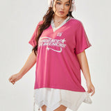 Qutie Plus Size Spring Break Balletcore Coquette Loose Fit Baseball Summer T-Shirt With V-Neck, Contrasting Colors, Letter Print,Jersey Women