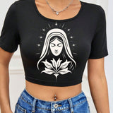 Camiseta Corta Para Mujer Con Estampado De La Virgen Maria