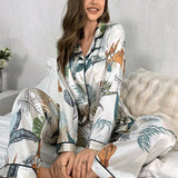 Conjunto De Pijama De Seda Imitada Para Mujer Con Cuello Y Estampado De Plantas