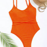 Swim Traje de bano de una pieza para mujer con tirantes finos y textura solida, traje de bano veraniego para playa