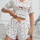 Conjunto De Pijama Para Mujeres Con Estampado De Cerezas En Camisa De Manga Corta Y Pantalones Cortos