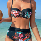 Swim Conjunto De Traje De Bano Para Mujer Con Estampado De Plantas Tropicales, Push Up Y Aro, Carnaval