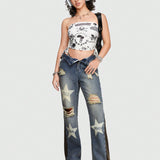 ROMWE Street Life Jeans De Mujer Con Diseno De Patchwork Estilo Streetwear Con Estampado De Estrellas Y Letras