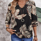 EMERY ROSE Camisa Negra De Primavera Con Estampado De Hojas Para Vacaciones De Mujer