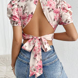 Blusa Corta Con Mangas Abullonadas Y Estampado Floral Para Mujer