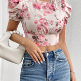 Blusa Corta Con Mangas Abullonadas Y Estampado Floral Para Mujer