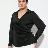 BIZwear Camisa De Mujer Con Cuello Vuelto Y Pliegues En Mangas Largas, Tamano Grande