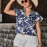 Camisa De Verano De a Grande Con Diseno Floral Y Cuello Con Muescas