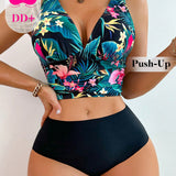 DD+ Conjunto De Bikini Con Chaleco Con Estampado Tropical Y Parte Inferior De Color Liso Para Mujer Carnaval