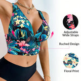 DD+ Conjunto De Bikini Con Chaleco Con Estampado Tropical Y Parte Inferior De Color Liso Para Mujer Carnaval