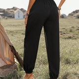 VCAY Pantalones Con Punos Y Dobladillo De Encaje Ondulado De Cintura Alta Para Mujer
