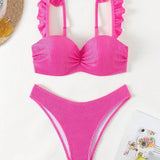 Conjunto De Bikini Rosa Con Ribete De Volantes Para Mujer, Traje De Bano Para La Playa En Verano