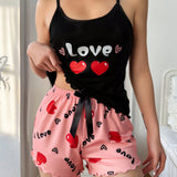 Conjunto De Pijama De Camisola Y Pantalon Corto Con Estampado De Letras Y Corazones