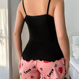 Conjunto De Pijama De Camisola Y Pantalon Corto Con Estampado De Letras Y Corazones