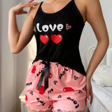 Conjunto De Pijama De Camisola Y Pantalon Corto Con Estampado De Letras Y Corazones