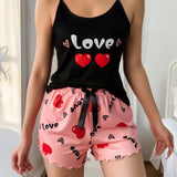 Conjunto De Pijama De Camisola Y Pantalon Corto Con Estampado De Letras Y Corazones