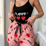 Conjunto De Pijama De Camisola Y Pantalon Corto Con Estampado De Letras Y Corazones