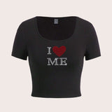 EZwear Women's Plus Size Rhinestone Embellished Letter Pattern Square Neck T-Shirt - Black