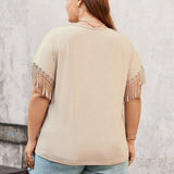 LUNE Plus Size Women's Comfortable V-Neck Fringe Sleeve Casual T-Shirt For Daily Wear