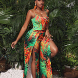 Slayr Resort Sexy Casual Mujer Estampado De Plantas Tropicales Camisola Top Y Pantalones Con Dobladillo Con Abertura Alta Traje Conjunto De Playa De Dos Piezas