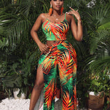 Slayr Resort Sexy Casual Mujer Estampado De Plantas Tropicales Camisola Top Y Pantalones Con Dobladillo Con Abertura Alta Traje Conjunto De Playa De Dos Piezas