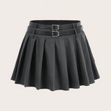 EZwear Plus Size Women's Vintage Double Belted Pleated Low Waist Skirt
