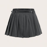 EZwear Plus Size Women's Vintage Double Belted Pleated Low Waist Skirt