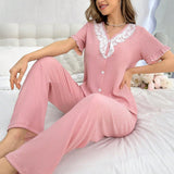Conjunto De Pijama De Textura De Encaje Y Parches Para Mujer