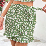 WYWH Falda Mini Asimetrica Verde Con Estampado Para Mujer