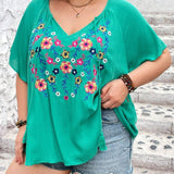 CURVE+ Blusa De a Grande Bordada Con Flores Y Mangas Acampanadas