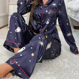 Conjunto De Pijama De Satin Para Mujer Con Estampado De Estrellas Con Ribete De Contraste