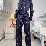 Conjunto De Pijama De Satin Para Mujer Con Estampado De Estrellas Con Ribete De Contraste