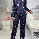 Conjunto De Pijama De Satin Para Mujer Con Estampado De Estrellas Con Ribete De Contraste