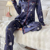 Conjunto De Pijama De Satin Para Mujer Con Estampado De Estrellas Con Ribete De Contraste